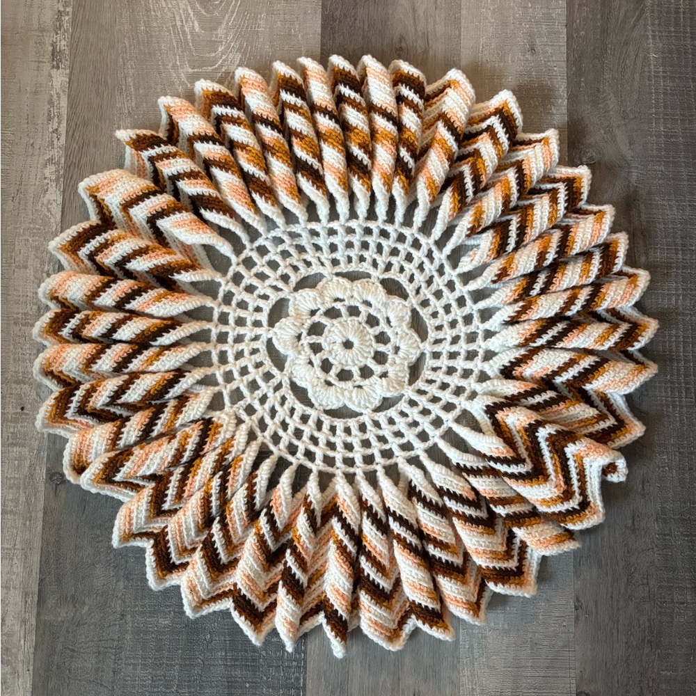 VTG Handmade XL‎ Crochet Doily with Brown and Orange Accents